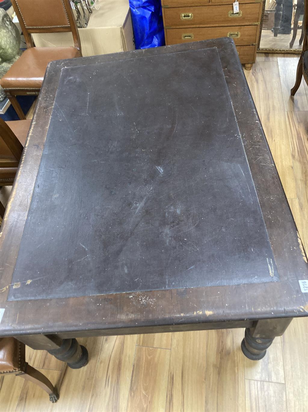 A Victorian stained pine kneehole writing table, width 130cm, depth 90cm, height 76cm
